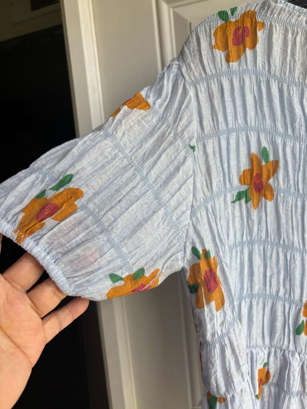 Umgee Light Blue Floral Smocked Peplum Dress with Orange Flowers - Picture 4 of 5